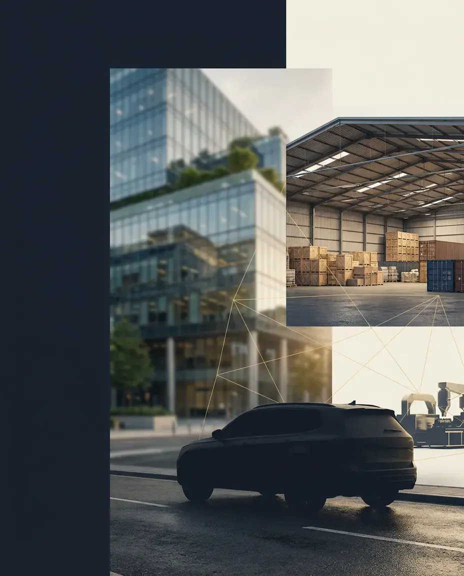 Layered composition of a commercial building, warehouse, and operational vehicle connected by protection lines